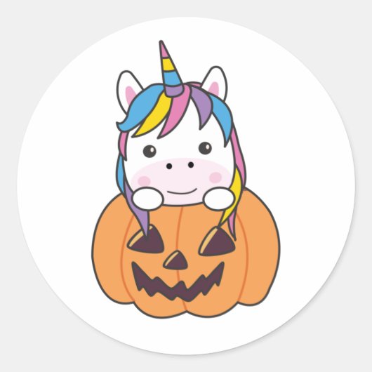 Unicorn in pomkin Cute Unicorns Happy Halloween Ronde Sticker (Voorkant)