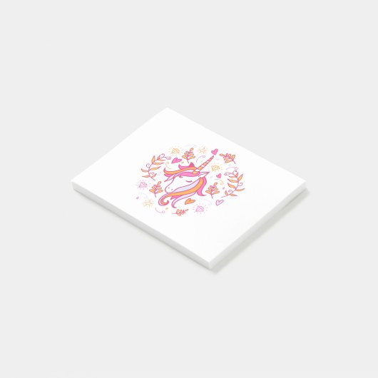 Unicorn in Roze en Oranje Post-it® Notes (Schuin)