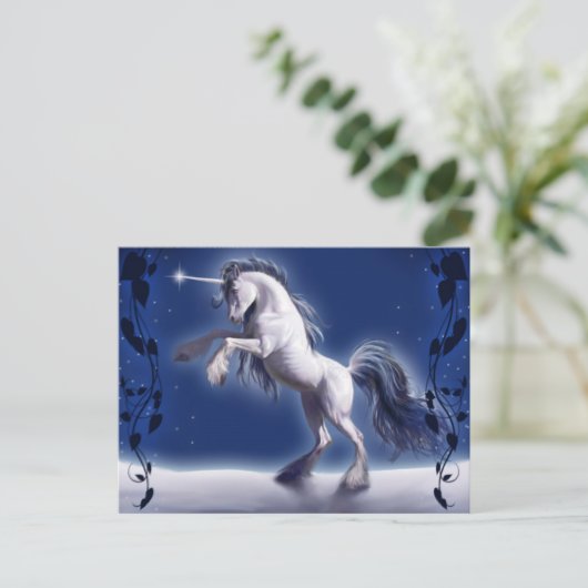Unicorn in Snow Fantasy Post Card Briefkaart (Staand voorkant)
