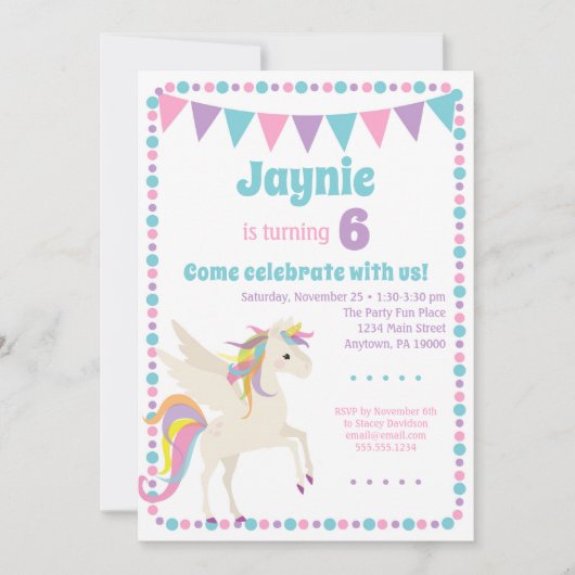Unicorn Invitation Girls Unicorn Birthday Kaart (Voorkant)