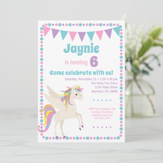 Unicorn Invitation Girls Unicorn Birthday Kaart (Staand voorkant)