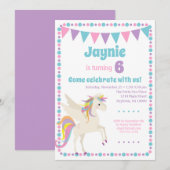 Unicorn Invitation Girls Unicorn Birthday Kaart (Voorkant / Achterkant)