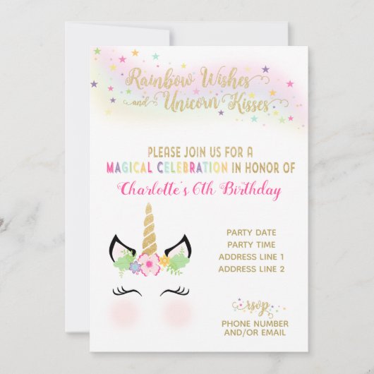 Unicorn Invitation | RAINBOW GOLD Kaart (Voorkant)