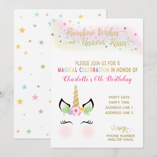 Unicorn Invitation | RAINBOW GOLD Kaart (Voorkant / Achterkant)
