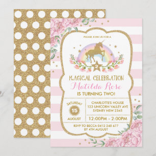 Unicorn Invitation Rainbow Pink Gold Floral Invite Kaart