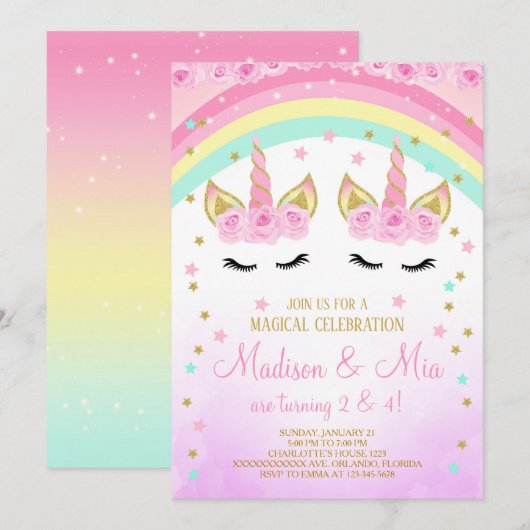 Unicorn Invitation, Twins Unicorn Invitation Kaart (Voorkant / Achterkant)