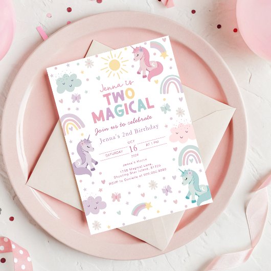 Unicorn Invitation Two Magical. Girls 2nd Birthday Kaart