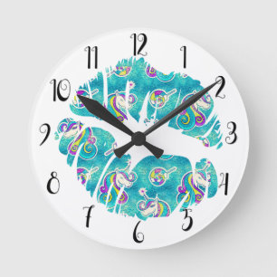 UNICORN Iridescent Teal Folie Metallic KISS LIPS Ronde Klok