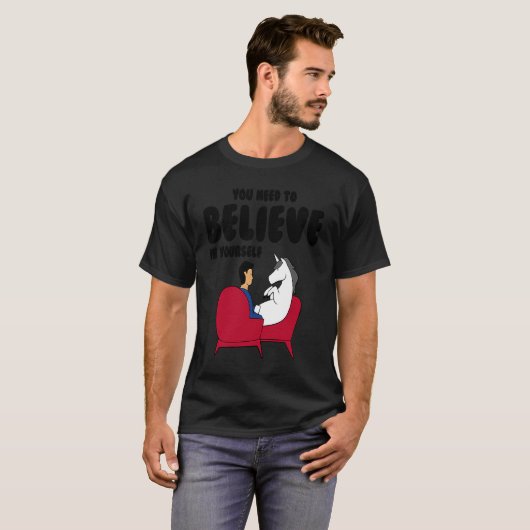 Unicorn je moet in jezelf geloven t-shirt (Voorkant volledig)