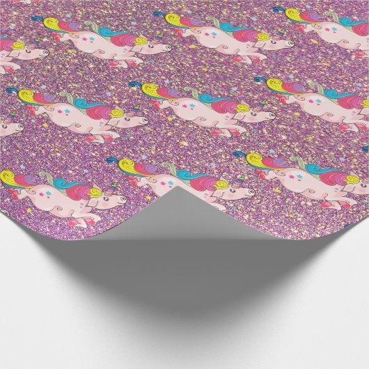 Unicorn Kawaii Rainbow Gold Paars Pink Glitter Cadeaupapier (Hoek)