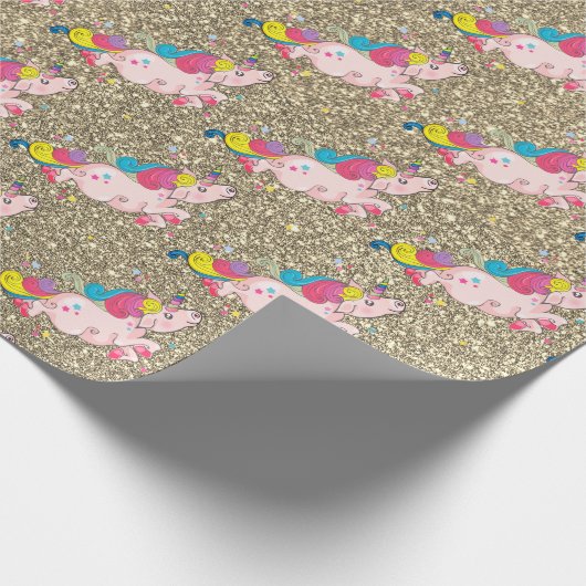 Unicorn Kawaii Rainbow Metallic Gold Glitter Cadeaupapier (Hoek)