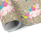 Unicorn Kawaii Rainbow Metallic Gold Glitter Cadeaupapier (Rol Hoek)
