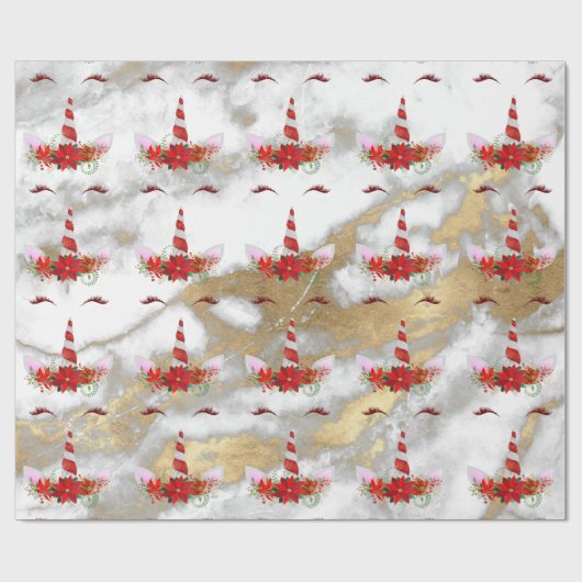 Unicorn kerstFeestdagen Marble Red Rose Gold Cadeaupapier (Vlak)