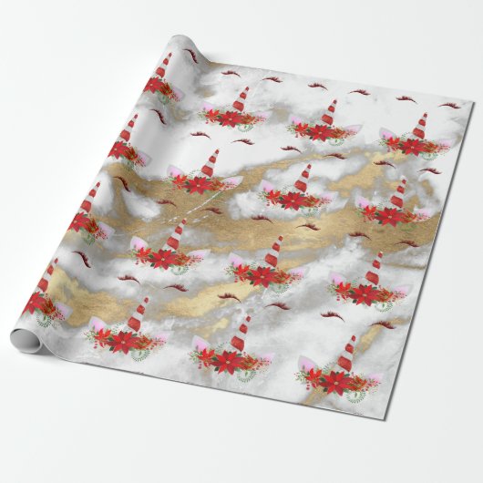 Unicorn kerstFeestdagen Marble Red Rose Gold Cadeaupapier (Uitgerold)