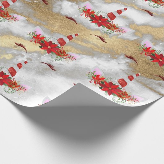 Unicorn kerstFeestdagen Marble Red Rose Gold Cadeaupapier (Hoek)