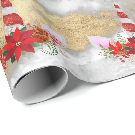 Unicorn kerstFeestdagen Marble Red Rose Gold Cadeaupapier (Rol Hoek)
