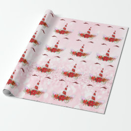 Unicorn kerstFeestdagen Roze Glitter Red Gold Cadeaupapier