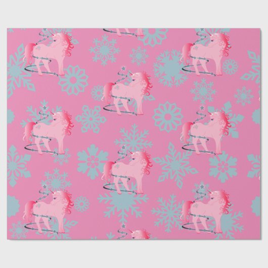 Unicorn Kerstroze roze roze futsachtige sneeuwvlok Cadeaupapier (Vlak)