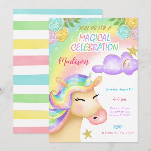 Unicorn Kids Birthday Uitnodiging (Voorkant / Achterkant)