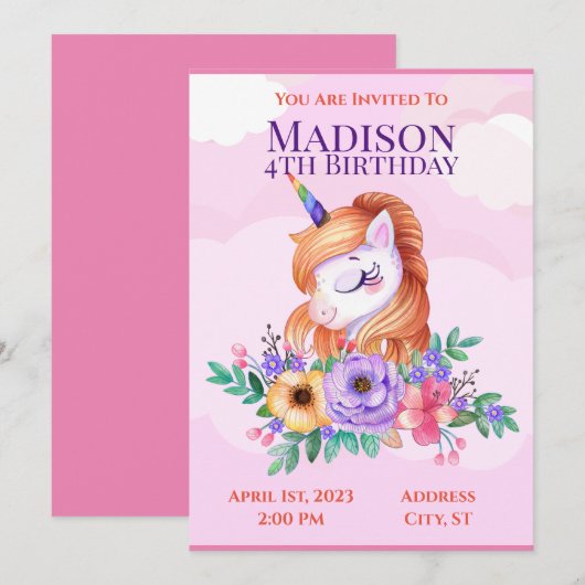 Unicorn Kinder Uitnodiging (Voorkant / Achterkant)
