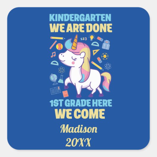 Unicorn Kindergarten Afstuderen 1e graad Vierkante Sticker (Voorkant)