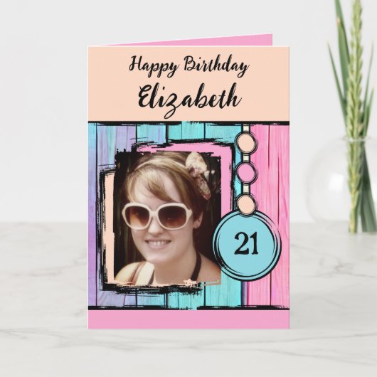 Unicorn kleuren faux wood toevoegen foto 21st verj kaart (Voorkant)