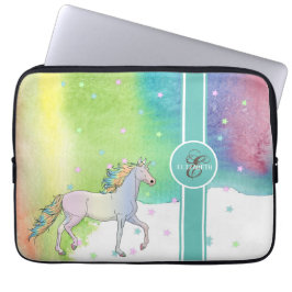 Unicorn, kleurrijke sterrenmonogram, Waterverf-spi Laptop Sleeve