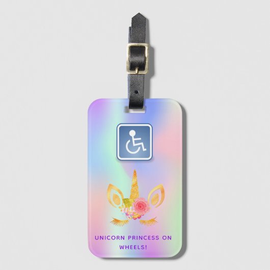 Unicorn label voor rolstoelmeisje roze paars bagagelabel (Voorkant (verticaal))