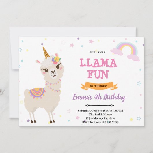Unicorn lama uitnodiging (Voorkant)