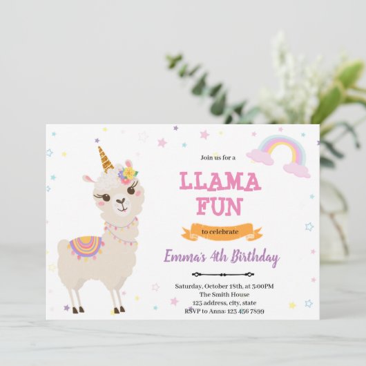 Unicorn lama uitnodiging (Staand voorkant)