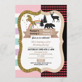 Unicorn & Lumberjack Boy Girl Birthday Invites Kaart
