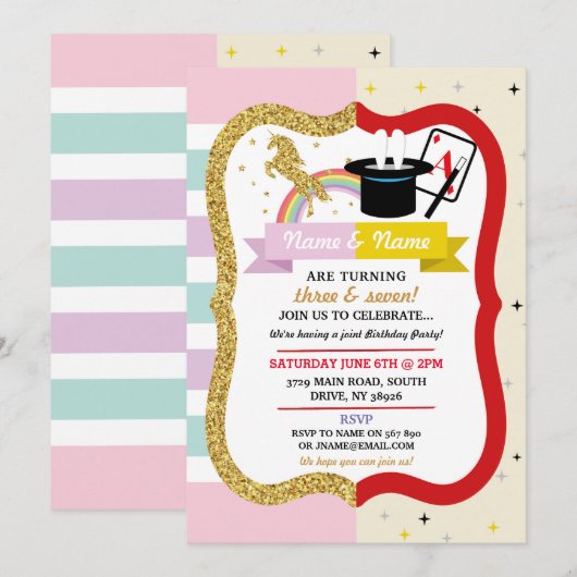 Unicorn & Magic Joint Boy Girl Birthday Invites Kaart (Voorkant / Achterkant)