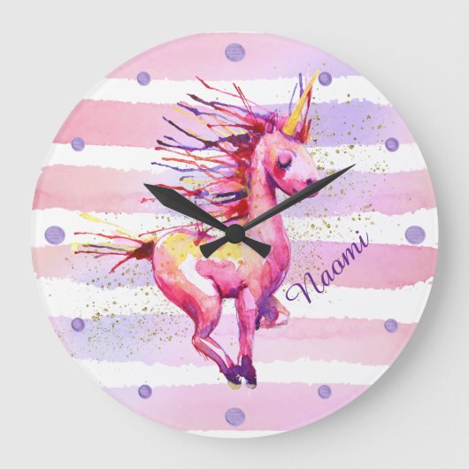 Unicorn Magic Waterverf Stripes Pink Grote Klok (Voorkant)