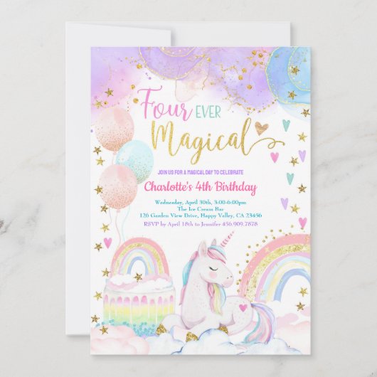 Unicorn Magical 4th Birthday Party Pastel Rainbow Kaart (Voorkant)