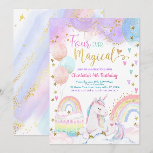 Unicorn Magical 4th Birthday Party Pastel Rainbow Kaart (Voorkant / Achterkant)