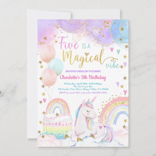 Unicorn Magical 5th Birthday Party Pastel Rainbow Kaart (Voorkant)
