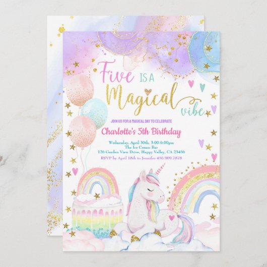 Unicorn Magical 5th Birthday Party Pastel Rainbow Kaart (Voorkant / Achterkant)