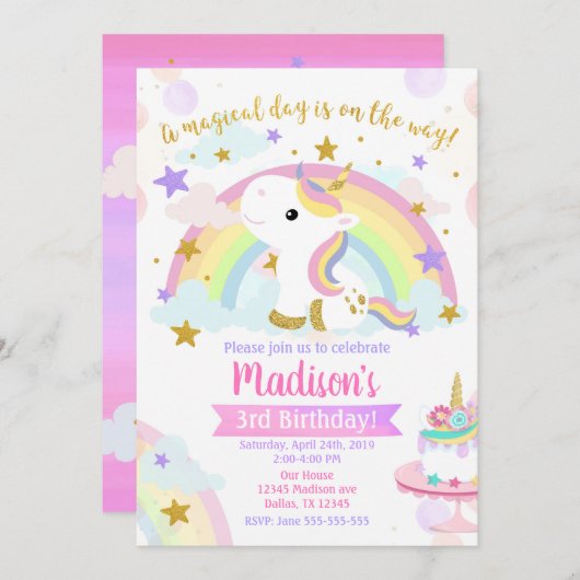 Unicorn Magical Birthday Invitation Kaart (Voorkant / Achterkant)