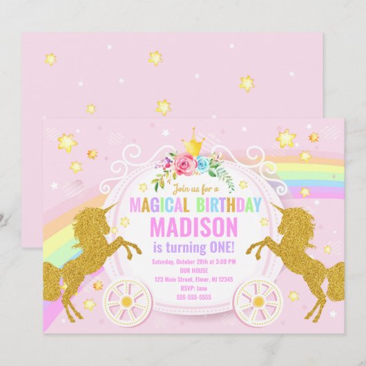 Unicorn Magical Birthday Invitation / Whimsical Kaart (Voorkant / Achterkant)