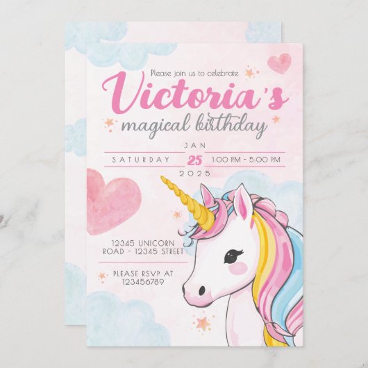Unicorn Magical Birthday Invite Kaart (Voorkant / Achterkant)