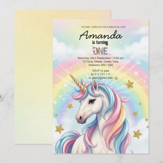 Unicorn Magical Birthday Party Invitation Card Kaart (Voorkant / Achterkant)