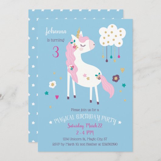 Unicorn Magical Birthday Party Invitation Kaart (Voorkant / Achterkant)