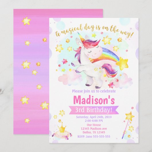 Unicorn Magical Birthday Party Invitation Kaart (Voorkant / Achterkant)