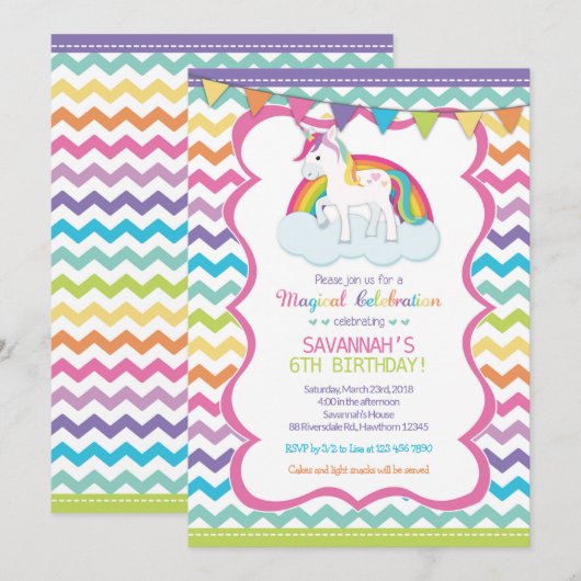 Unicorn Magical Celebration Birthday Party Invite Kaart (Voorkant / Achterkant)