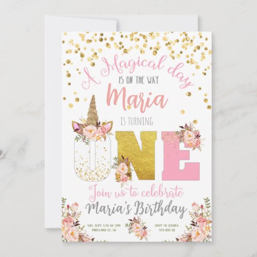 Unicorn Magical Day 1st Birthday Invitation Kaart (Voorkant)