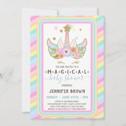 Unicorn Magical Glitter Stars Rainbow Stripe Kaart (Voorkant)