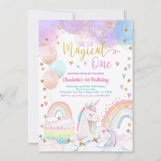 Unicorn Magical One Girl 1st Birthday Party Pastel Kaart (Voorkant)