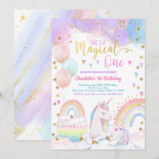 Unicorn Magical One Girl 1st Birthday Party Pastel Kaart (Voorkant / Achterkant)