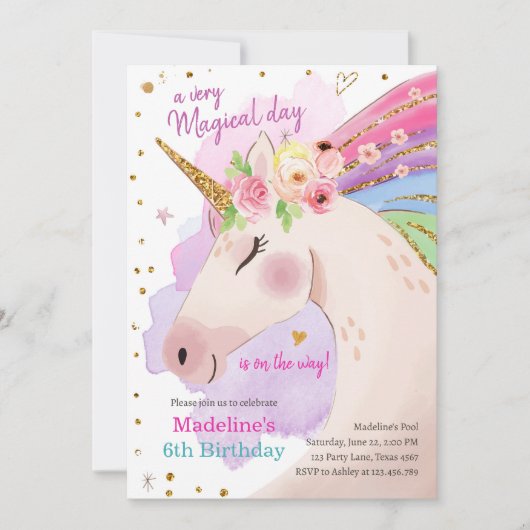 Unicorn Magical Pink Gold Rainbow Girl Birthday Kaart (Voorkant)