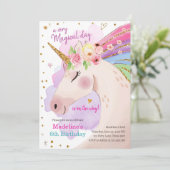 Unicorn Magical Pink Gold Rainbow Girl Birthday Kaart (Staand voorkant)